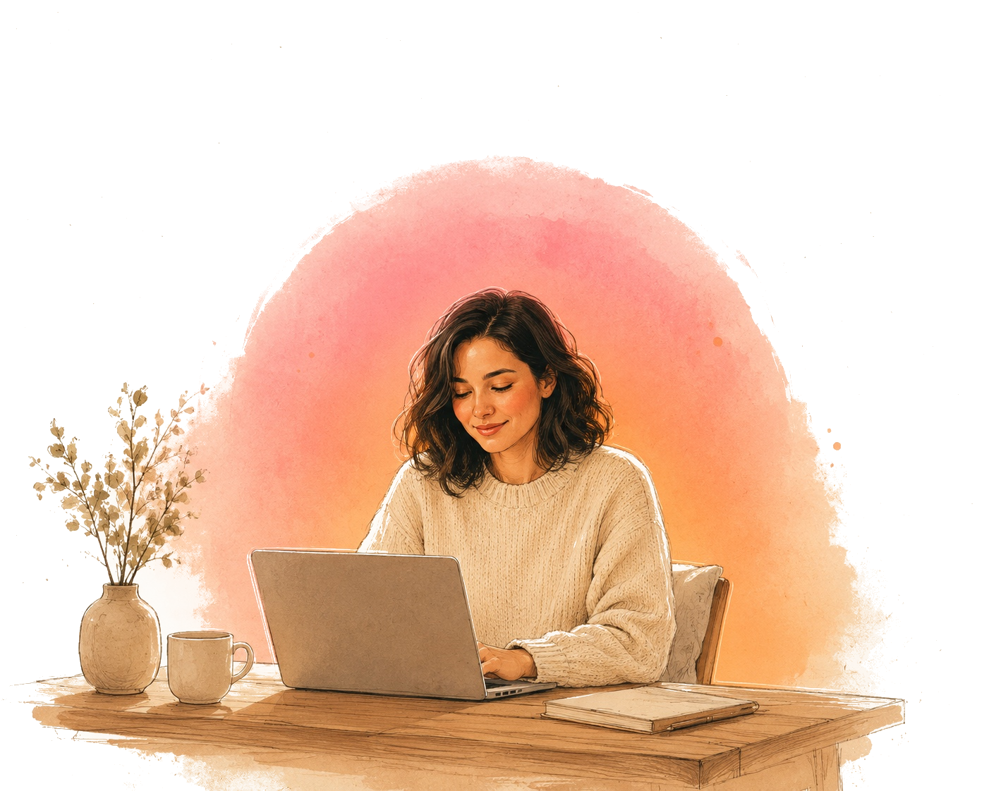 Maya, heads-down at her laptop, a warm glow around her